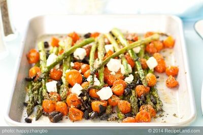 Roasted Asparagus with Cherry Tomatoes, Olives and Feta