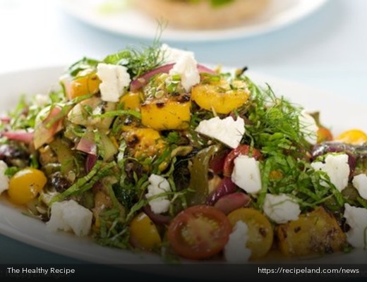 Grilled Summer Vegetable Salad with Cherry Tomatoes and Feta Cheese