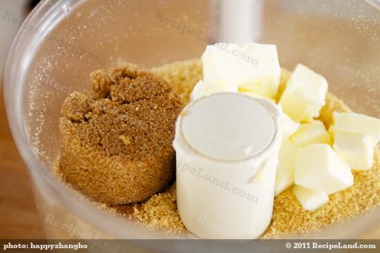 Next add butter, sugar and spices into the fine crumbs.