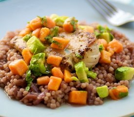 Grilled Mahi mahi, Red Onion Couscous, Chunky Papaya Avocado Salsa