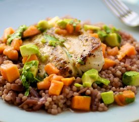 Grilled Mahi mahi, Red Onion Couscous, Chunky Papaya Avocado Salsa