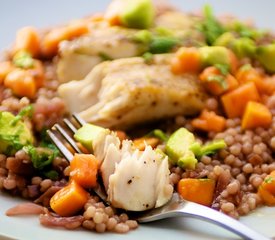 Grilled Mahi mahi, Red Onion Couscous, Chunky Papaya Avocado Salsa