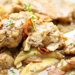 With apples and crispy bacon.