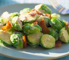 Creamy Brussels Sprouts with Bacon Horseradish Sauce