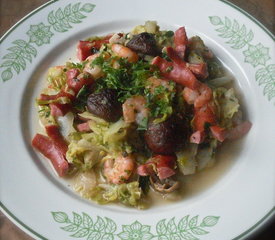 Spring Cabbage with Mushrooms, Frankfurters and Shrimps