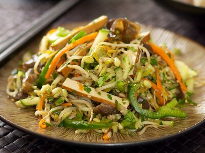 Vegetable Smoked Tofu Salad with Soy-Maple Dressing