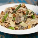 Cheesy Farfalle with Asparagus, Mushrooms and Toasted Walnuts