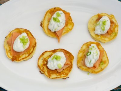 Fresh Corn Blinis with Smoked Salmon and Chive Cream