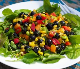 Blueberry, Roasted Corn, Soy Bean and Arugula Salad