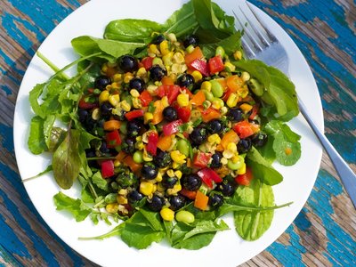 Blueberry, Roasted Corn, Soy Bean and Arugula Salad