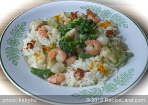 Shrimp and Fish with Green Vegetables in Orange Sauce