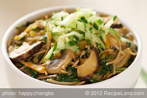 Soba Noodles, Mushroom and Tatsoi with Sweet-Sour Cucumber recipe