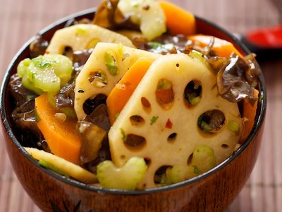 Lotus Root and Wood Ear Salad with Soy-Ginger Dressing