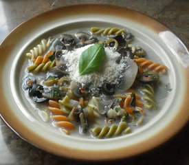 Olive and White Mushroom Soup with 3-colors Fusilli