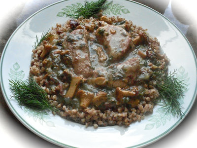 Pork Shoulder in Chanterelle Sauce over Buckwheat