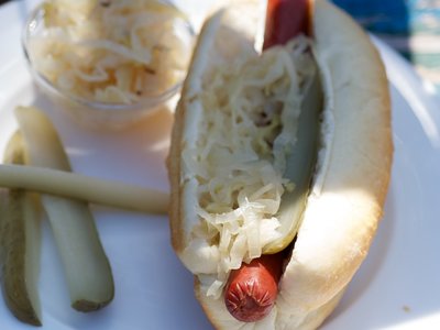 Hot Dogs with Homemade Sauerkraut and Pickles