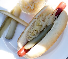 Hot Dogs with Homemade Sauerkraut and Pickles