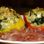Yellow Peppers Stuffed with Quinoa, Corn and Feta Cheese