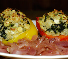 Yellow Peppers Stuffed with Quinoa, Corn and Feta Cheese