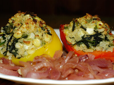 Yellow Peppers Stuffed with Quinoa, Corn and Feta Cheese