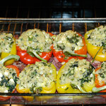 Yellow Peppers Stuffed with Quinoa, Corn and Feta Cheese