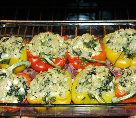 Yellow Peppers Stuffed with Quinoa, Corn and Feta Cheese