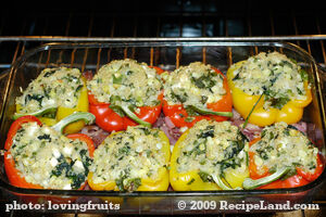 Yellow Peppers Stuffed with Quinoa, Corn and Feta Cheese recipe