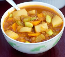 Curry Potato, Edamame and Lentil Soup