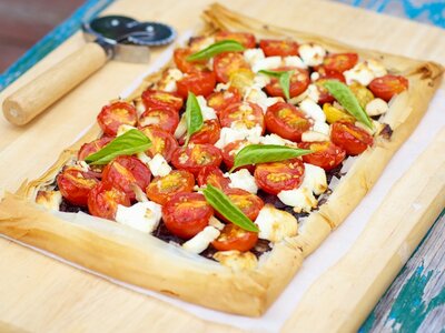 Cherry Tomato, Caramelized Onion, and Goat Cheese Phyllo Tart