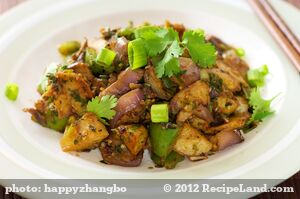 Eggplant, Crispy Potato, and Bell Pepper Stir-Fry recipe
