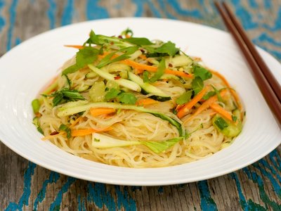 Spicy Peanut Butter Noodle Salad with Cucumber and Bok Choy