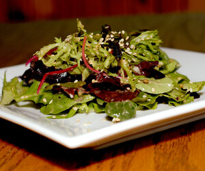 Spicy Green Salad with Soy and Roasted Garlic Dressing