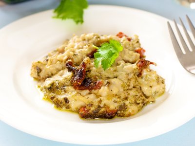 Vegetarian Barley Casserole with Sun Dried Tomato and Basil Pesto