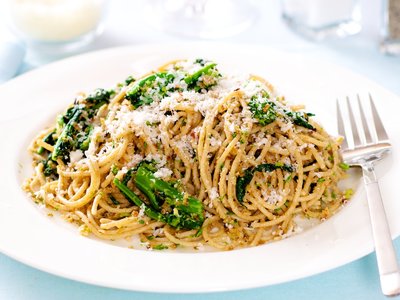 Pasta with Rapini, Toasted Garlic, Bread Crumbs and Parmesan