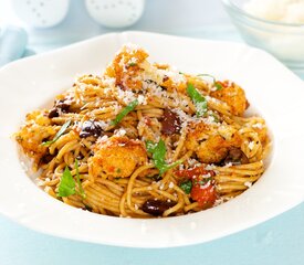 Mediterranean Roasted Cauliflower, Tomato Sauce and Olives with Pasta