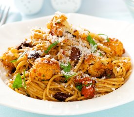 Mediterranean Roasted Cauliflower, Tomato Sauce and Olives with Pasta