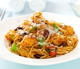 Mediterranean Roasted Cauliflower, Tomato Sauce and Olives with Pasta