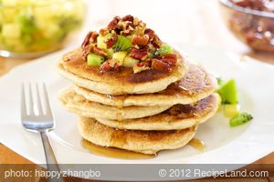 Whole Wheat Pancakes with Maple Candied Pecans and Tropical Fruit