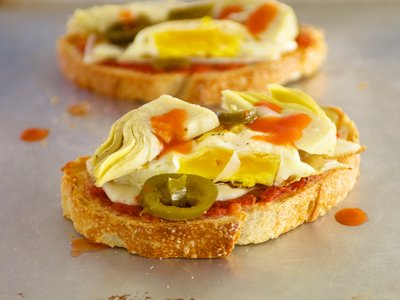 Artichoke Hearts and Fried Egg Crostini 