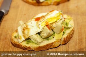 Artichoke Hearts, Basil Pesto and Fried Egg Crostini 