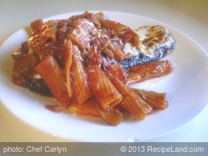 Rigatoni Pasta Over Eggplant Parmesan
