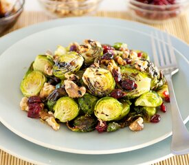 Roasted Brussels Sprouts with Walnuts, Cranberries and Balsamic Glaze