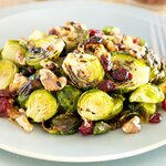 Roasted Brussels Sprouts with Walnuts, Cranberries and Balsamic Glaze