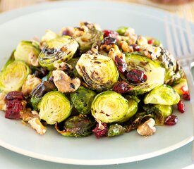 Roasted Brussels Sprouts with Walnuts, Cranberries and Balsamic Glaze