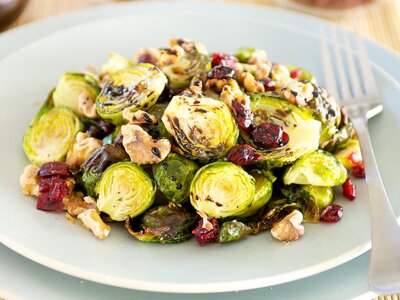 Roasted Brussels Sprouts with Walnuts, Cranberries and Balsamic Glaze