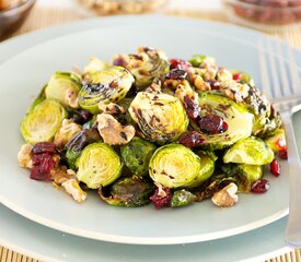 Roasted Brussels Sprouts with Walnuts, Cranberries and Balsamic Glaze