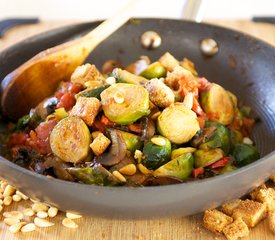 Tomato Braised Brussel Sprouts with Pine Nuts and Croutons