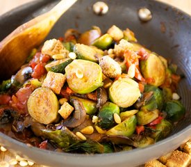 Tomato Braised Brussel Sprouts with Pine Nuts and Croutons