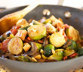 Tomato Braised Brussel Sprouts with Pine Nuts and Croutons