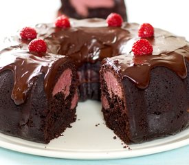 Chocolate Fudge Bundt Cake with Raspberry-Cream Cheese Filling and Chocolate Ganache